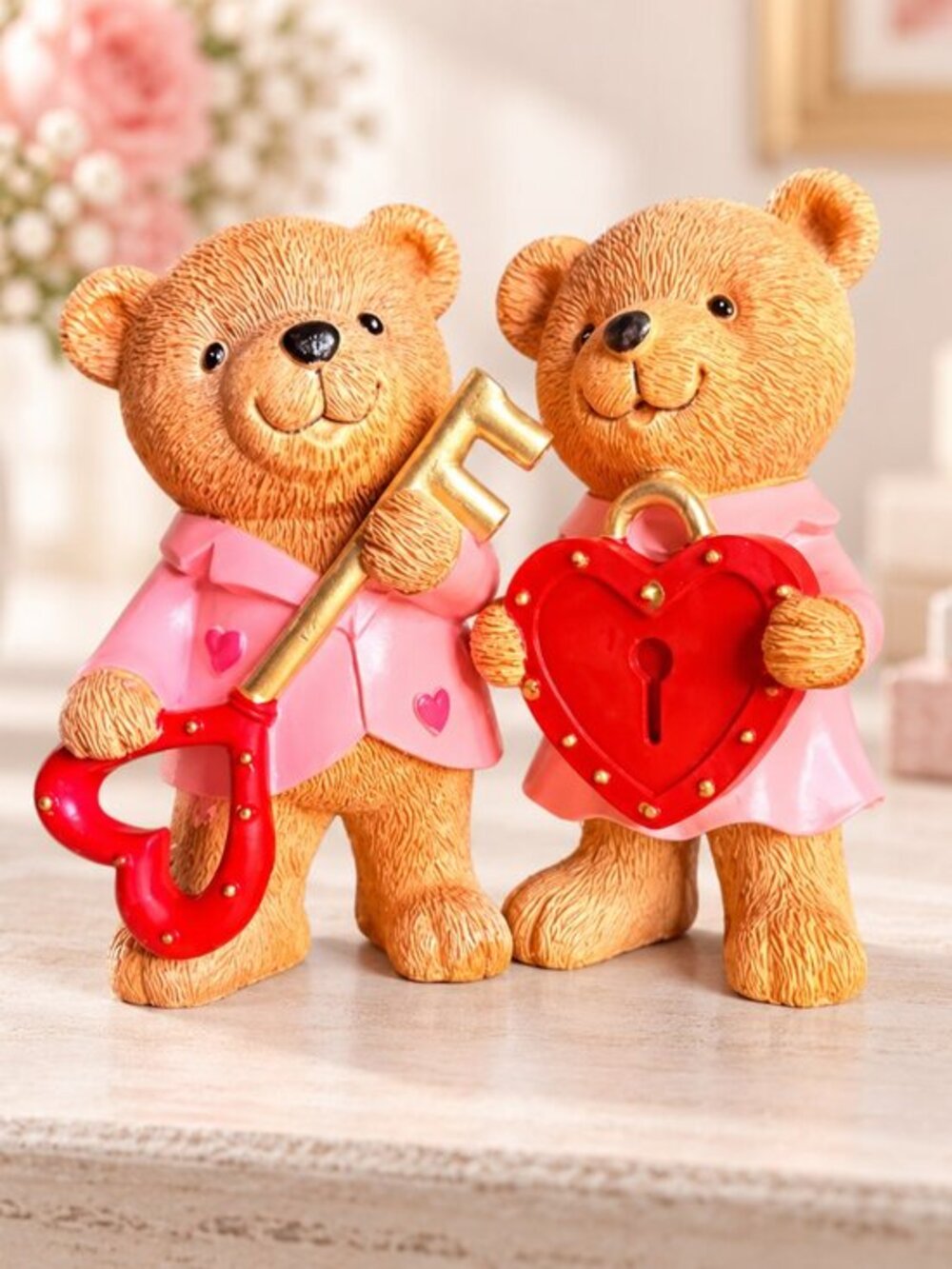 Bella Luxx Teddy Bear Couple Heart Lock & Key Figurines NWT Box